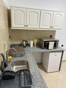 a kitchen counter with a sink and a microwave at Spacious Family Apartment in Er Rachidia +16 photos