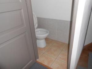 a white toilet in a bathroom with a door at location Mirande 3 chamb 8 couchages 9 rue de soupon in Laruns +4 photos
