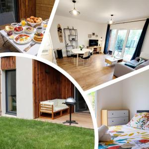 a collage of four pictures of a living room and a kitchen at Le Cottage Jardin élégant & cosy, plage pour 6 personnes, animaux admis Biscarrosse in Biscarrosse +23 photos