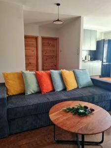 a living room with a couch with colorful pillows at Home4You free park in Krakow