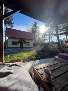 a coffee cup sitting on a table in front of a house at Bencekerti kulcsosház in Căpîlniţa