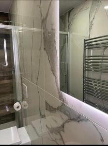 a bathroom with a marble shower and a mirror at Mini white apartment in Scandicci