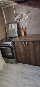 a kitchen with a stove and a rabbit on a counter at Apartament Daniela in Râmnicu Vâlcea +3 photos