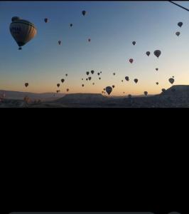 a bunch of hot air balloons flying in the sky at Cappadocia Beyaz Konak 1 in Gülşehir
