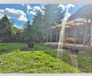 a garden with a sprinkler in front of a house at Lewitz-Urlaub in Lübesse