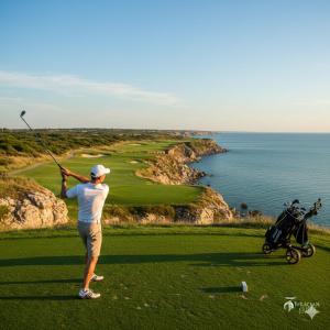 a man swinging a golf club on a golf course at Apartment А13 in Sea Paradise Complex in Kavarna
