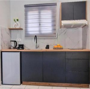 a kitchen with a counter with a sink and a window at Αγριελια Apartments in Platy