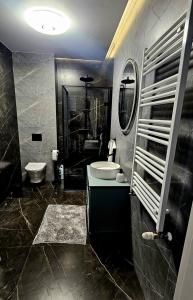 a bathroom with a sink and a toilet and a mirror at ZIBO APARTMENTS LESKO Nowoczesne apartamenty z jacuzzi i widokiem na Bieszczady in Lesko