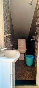 a bathroom with a pink toilet and a sink at GS Home on the Bay- Super Sea & Garden view Glass studio apartment in Vagator +74 photos