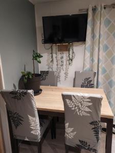 a dining room table with two chairs and a tv at Le Havre de la jungle in Montereau