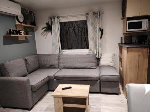 a living room with a couch and a table at Le Havre de la jungle in Montereau +9 photos