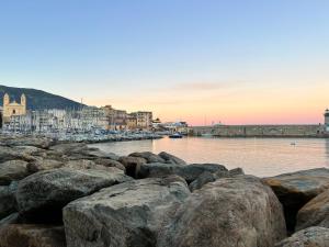 a group of rocks in the water near a harbor at Très bel appartement in Bastia