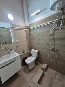 a bathroom with a toilet and a sink and a shower at Niš Residence in Niš +27 photos