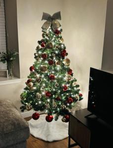 a christmas tree with red and silver ornaments at Cottage in Crieff in Crieff