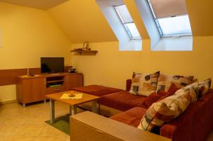 a living room with a couch and a tv at Vanilka in Liptovský Trnovec