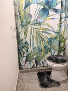 a bathroom with a toilet with a tropical wallpaper at frente del mirador in Tres Lagos +4 photos