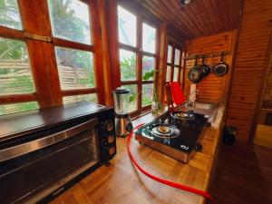 a kitchen with a stove in a room with windows at Hotel Mandacarú Puerto Viejo in Puerto Viejo