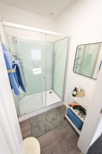 a bathroom with a glass shower and a mirror at Schlossberg Residence in Freiburg im Breisgau +53 photos
