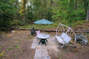 a picnic table and two chairs and an umbrella at Vintage Lovers` Cabin with Jacuzzi & Lake Access in Linden