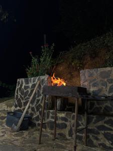 a fire pit with a table and a grill at HillSide Cottage-ჰილსაიდ კოტეჯი in K'eda +37 photos