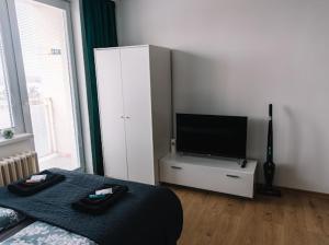 a living room with a bed and a flat screen tv at Apartmán Mlynská in Vranov nad Topľou