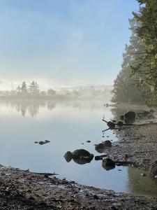 a misty lake with rocks in the water at Coastal Drift Sooke in Sooke