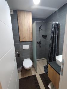 a small bathroom with a toilet and a sink at Yellow Hill Apartment in Cajetina +12 photos