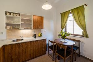 a kitchen with a table and a sink and a window at Apartmány U Parku in Vrchlabí