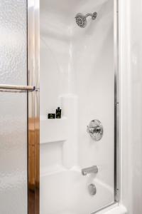 a shower with a glass door and a sink at East Bay Suites in Grand Marais +65 photos