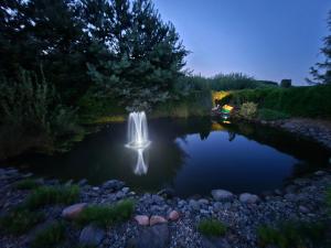 a pond with a waterfall in a garden at night at Dom pod flagą in Sobącz