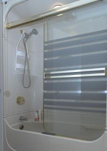 a shower with a glass door in a bathroom at 3 cozy bedrooms 2 bathrooms in Winnipeg +24 photos