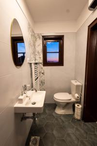 a bathroom with a sink and a toilet and a mirror at Lavender farm Zarić in Porosanica