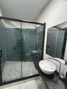 a bathroom with a shower with a toilet and a sink at Pera Line Yalova in Yalova
