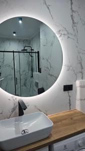 a bathroom with a sink and a mirror at Anpol 1 idealny dla jednej osoby in Inowrocław