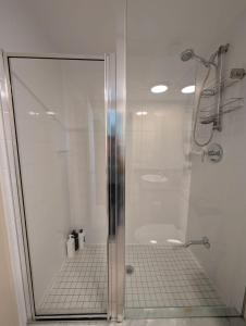 a shower with a glass door in a bathroom at Small Apartment for 2 in St. Catharines