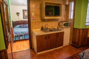 a kitchen with a sink and a microwave and a bed at Hotel La Castellana in Santiago