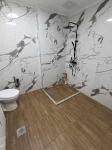 a bathroom with a toilet and a marble wall at Zenith Apartment in Bitola +11 photos