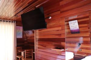 a flat screen tv hanging on a wooden wall at Alpinas Natural Suites in Lunahuaná