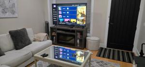 a living room with a couch and a flat screen tv at Burnaby 4 bed 3 bath duplex in Burnaby