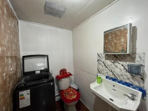 a small bathroom with a sink and a tv on the wall at apartamento en centro de Castro in Castro