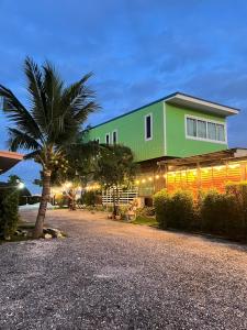 a green building with a palm tree in front of it at บ้านสวนชมจันทร์ กำแพงแสน in Ban Song Hong