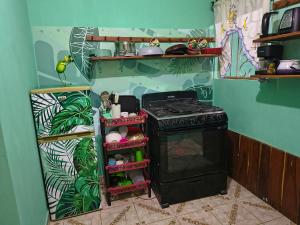 a kitchen with a stove and some shelves with food at Casa Luna in El Remate