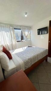 a bedroom with a large bed with a window at Hostal Mago in Tlaxcala de Xicohténcatl