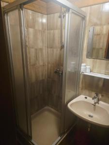 a bathroom with a shower and a sink at Gästehaus Deisl in Mariapfarr +16 photos