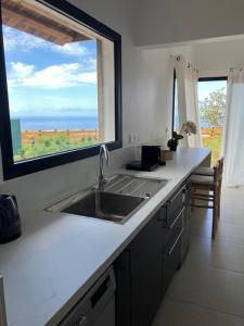 a kitchen with a sink and a large window at Sagar Réunion in Saint-Paul