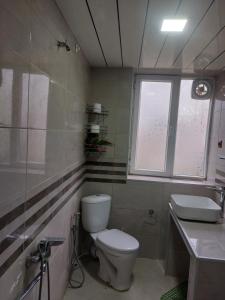 a bathroom with a toilet and a sink and a window at Boutique hotel in Poti +2 photos