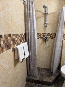 a bathroom with a shower with a toilet and a sink at Apartment Saturn in Galaţi