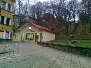 a building with a statue of a dog in front of it at Jolando Apartment in Kaunas