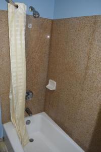a bathroom with a shower with a shower curtain at Corcoran Inn in Corcoran +8 photos