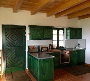 a kitchen with green cabinets and a green door at Somlo Wineshop Guesthouse in Somlóvásárhely